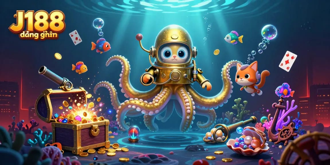 Experience thrilling J188 đăng nhập with a kraken, diving cat, and ocean treasures.