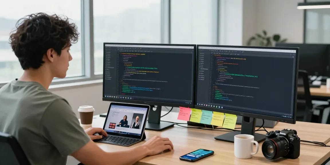 Developer reviewing GB WhatsApp APK features in a modern office workspace