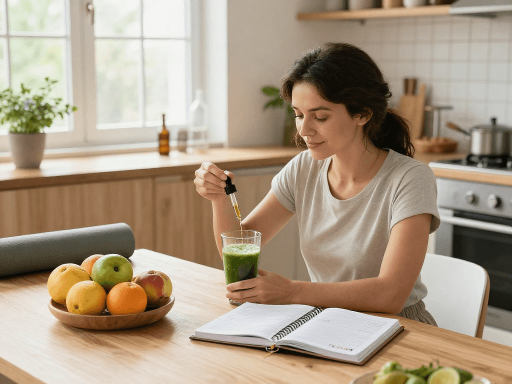 Order weed online to enhance your wellness with premium CBD oils and organic hemp extracts in a serene kitchen setting.