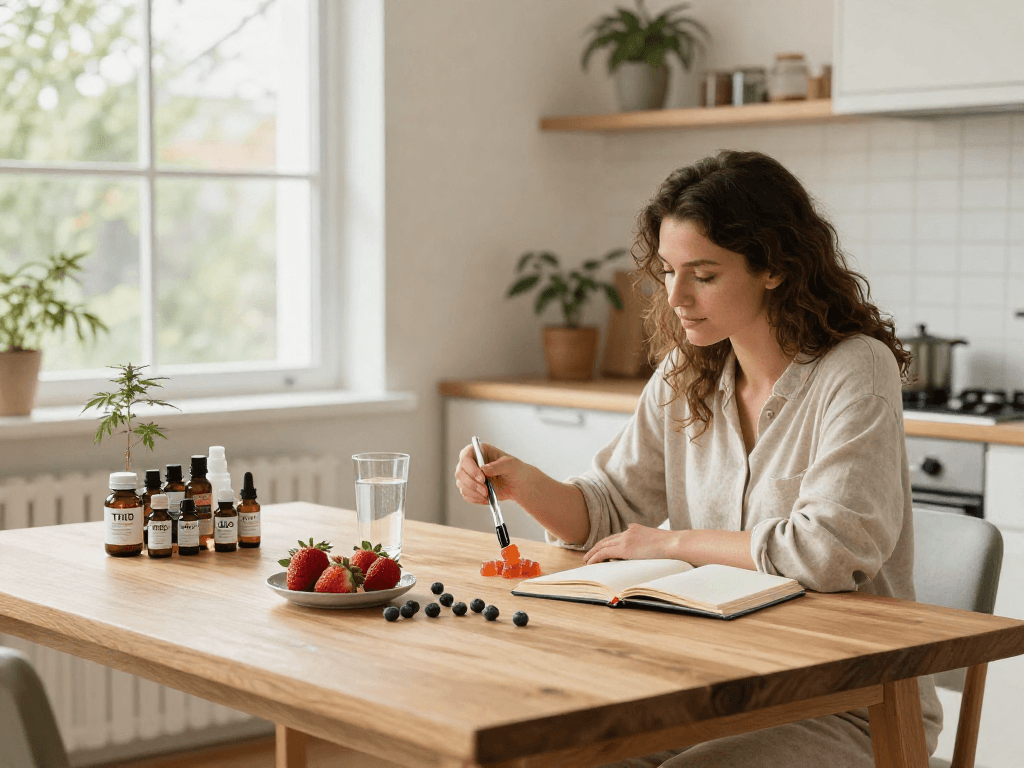 Edibles UK: A woman measures THC gummies in a bright kitchen with CBD products promoting natural wellness.