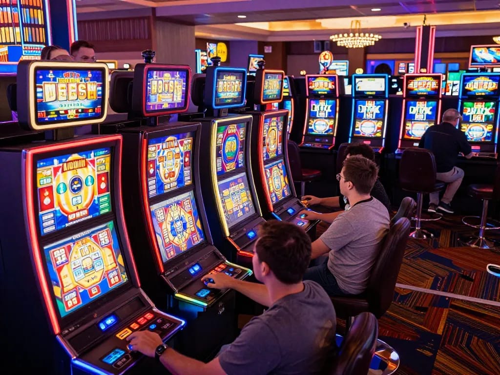 Slot gacor gaming action as players enjoy vibrant slot machines in a lively casino.