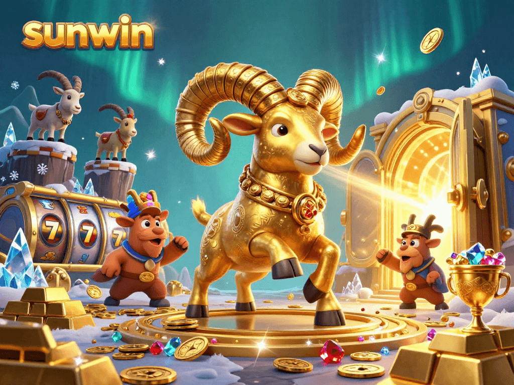 Experience the thrill of sunwin with an exciting 3D casino scene filled with golden treasures and slot reels.