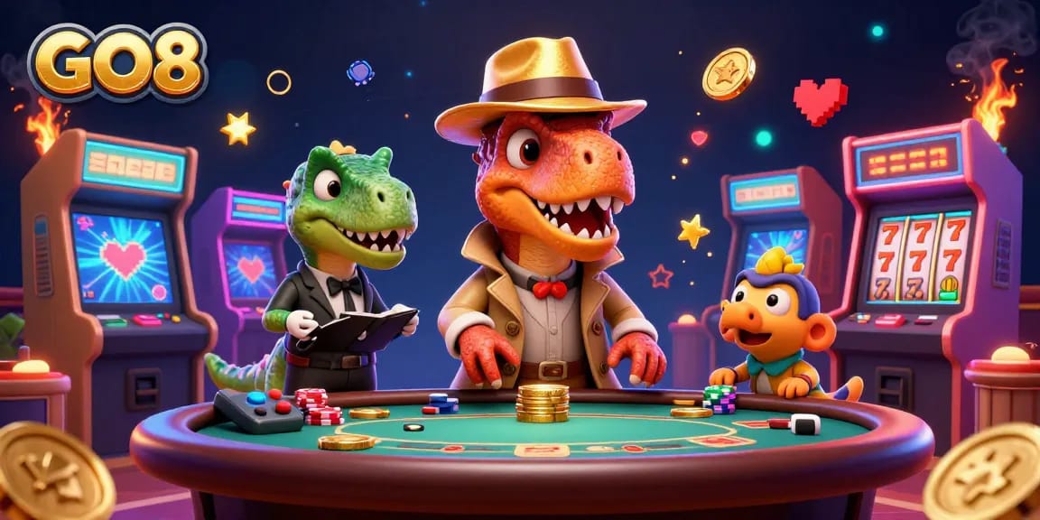 GO8 velociraptor card counter in a vivid casino scene with animated slot reels and lively gaming elements.