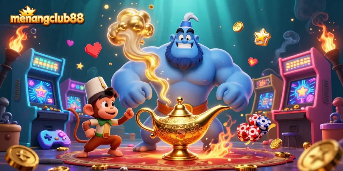 Play exciting games and win at menangclub88 with this dynamic 3D illustration featuring a magical genie.