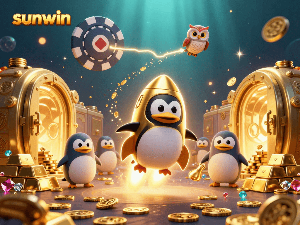 Engage with sunwin's dynamic casino universe featuring a golden penguin flying towards a poker chip station.