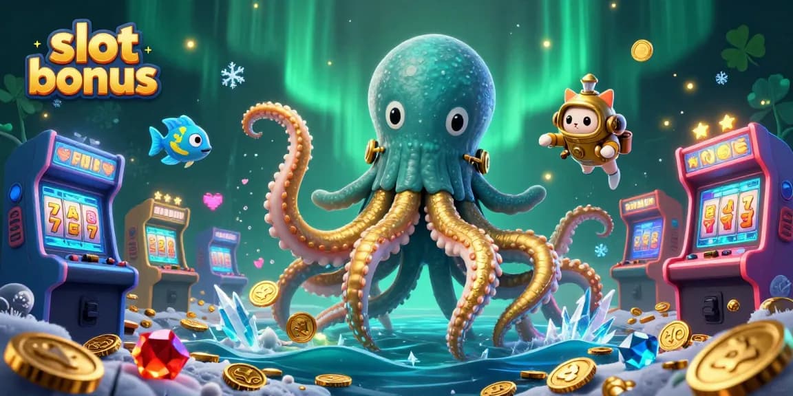 Engage with exciting slot bonus opportunities illustrated by a kraken, diving cat, and shimmering treasures.