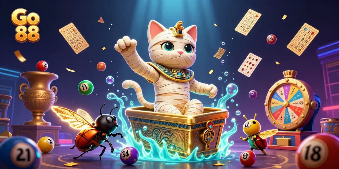 Experience excitement at Go 88 with an Egyptian mummy cat and vibrant casino elements, featuring lottery games.