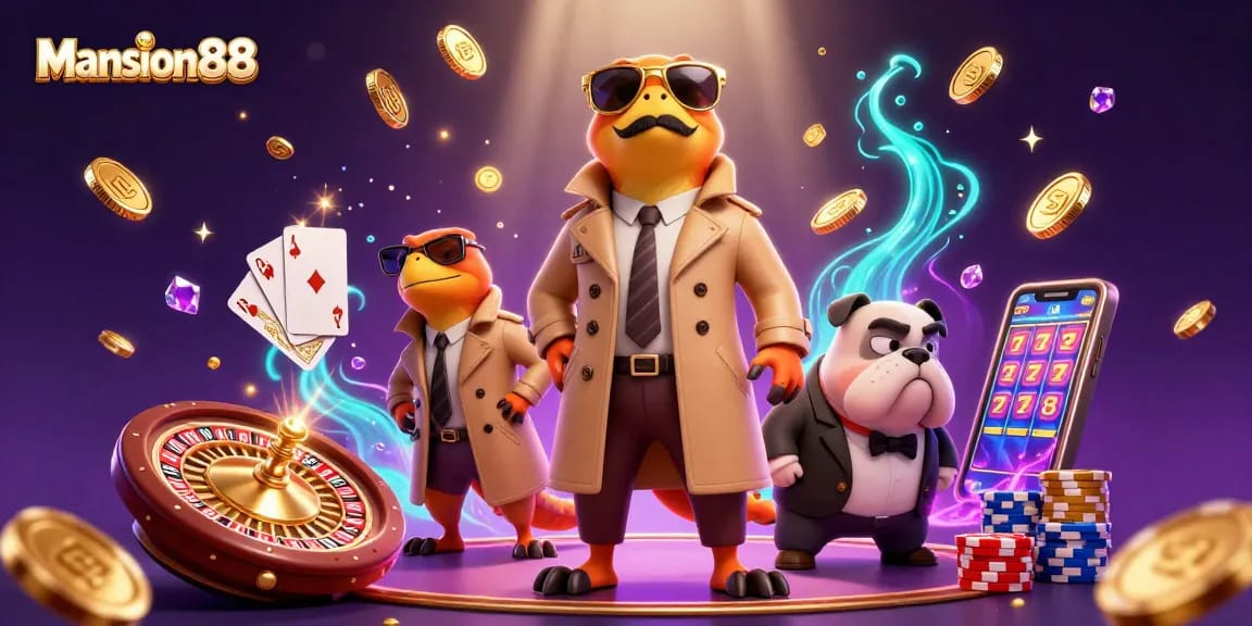 Mansion88 showcases a vibrant 3D scene with raptors in a trench coat attempting VIP entry, surrounded by casino elements.