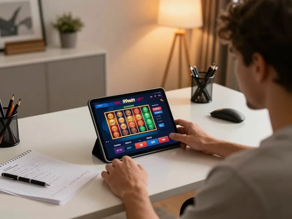 Player exploring the vibrant interface of 99win casino app on tablet, ensuring dynamic online gaming experience.