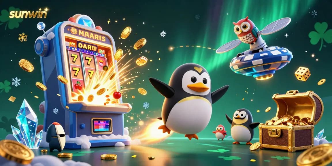 Experience sunwin's vibrant casino world with a golden rocket penguin and jackpot excitement!