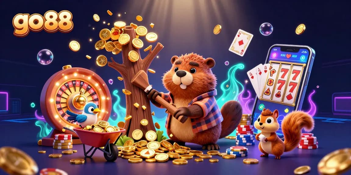 Engage with go 88 in this vibrant 3D scene featuring playful characters and dynamic casino elements.