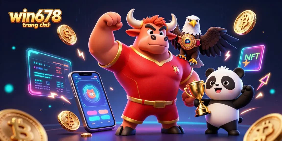 Win678 trang chủ showcases a dynamic casino scene with a cartoon bull mascot celebrating alongside an eagle and panda amidst glowing cryptocurrency elements.