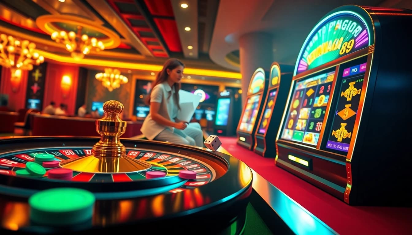 Pemain Dewanaga89 menikmati permainan kasino virtual yang seru dengan roda roulette berwarna-warni dan mesin slot.
