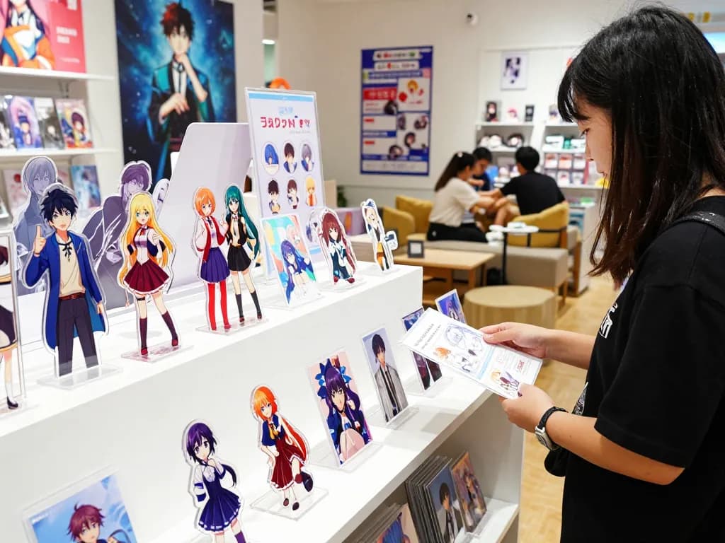 Custom acrylic standees displayed in a vibrant retail showroom for fans and collectors.