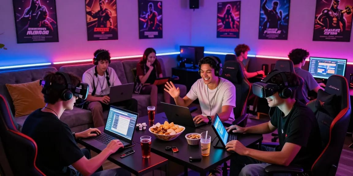 Friends enjoying free porn games in a vibrant gaming lounge with snacks and LED lights.