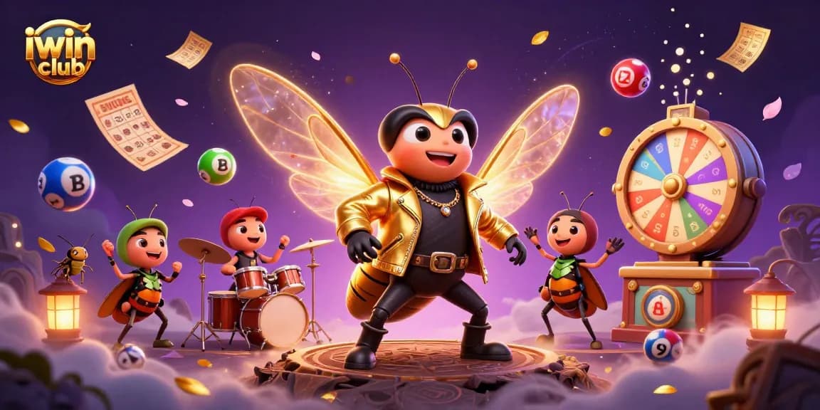 Engaging 3D cartoon scene showcasing iwin club with a rock star cicada, colorful lottery elements, and vibrant casino visuals.