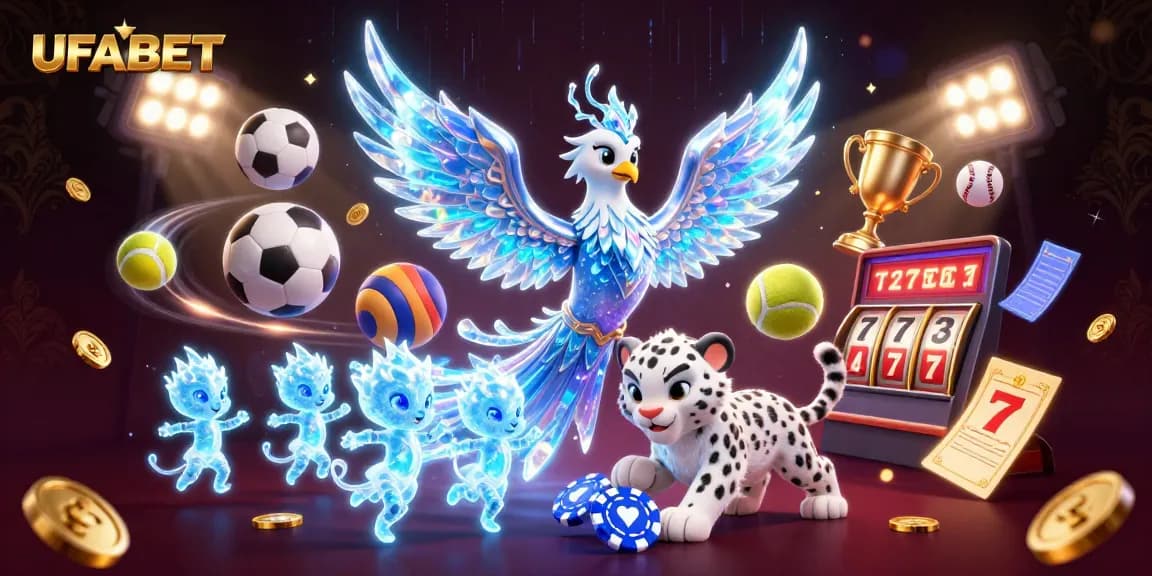 Experience excitement with UFABET's dynamic gaming scene featuring a magical phoenix and interactive sports elements.