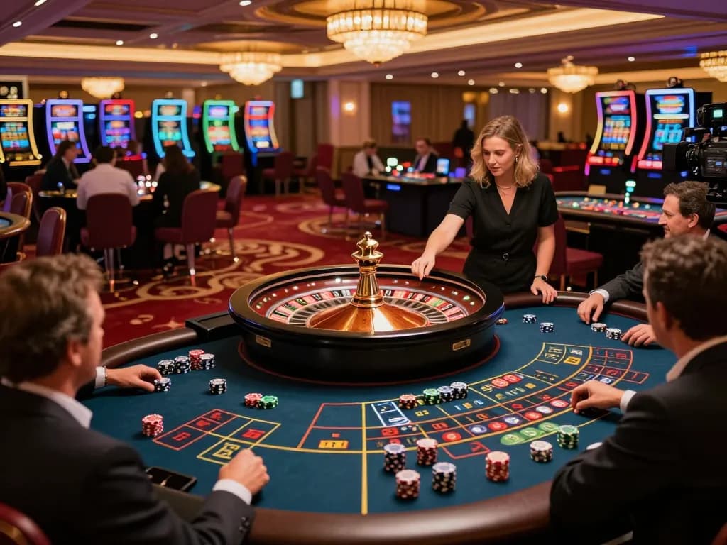 Sunwin roulette action with players placing bets and croupier spinning the wheel in a vibrant casino.