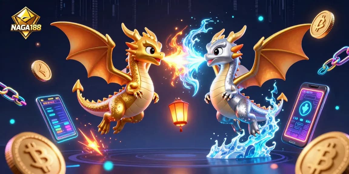 NAGA188 menampilkan ilustrasi kasino dengan naga dan aset crypto yang menonjol.