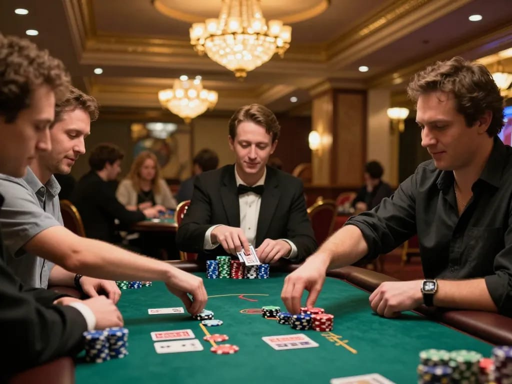 Engaged players at zx88com poker table during an exciting evening gaming session