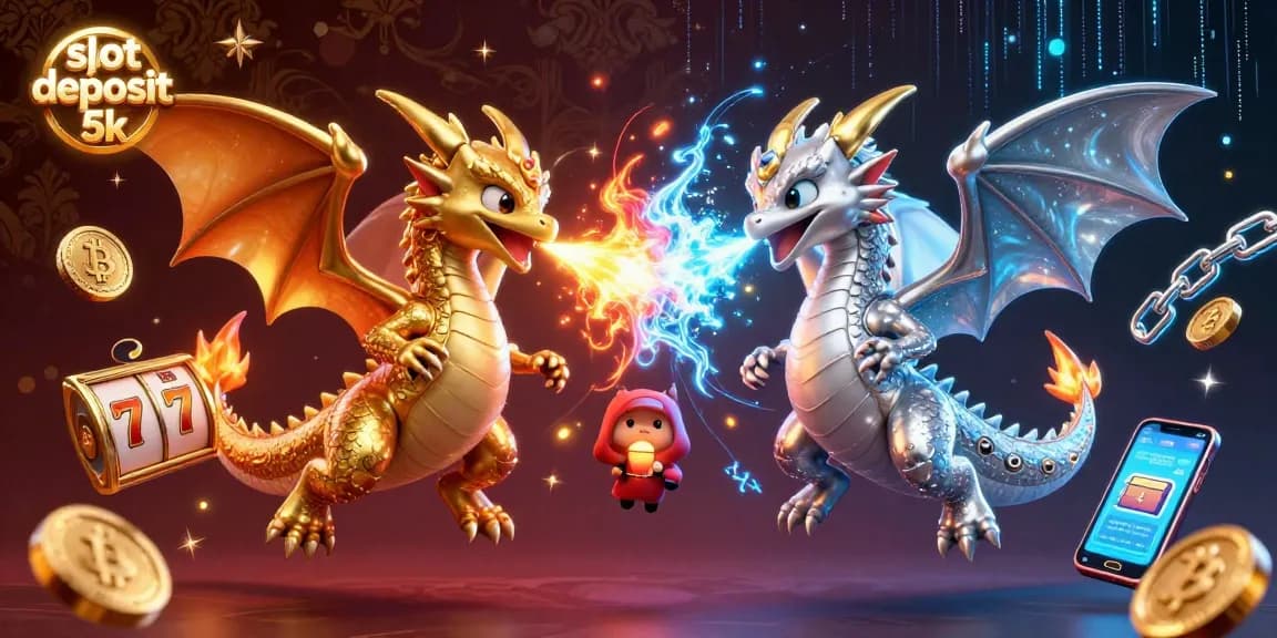 Experience thrilling wins with slot deposit 5k, as two cosmic dragons battle in a fountain of gold.