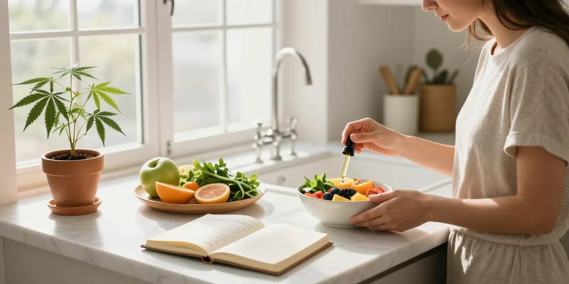 Comprar CBD online y tono saludable con aceite de CBD y productos orgánicos frescos en una cocina moderna.