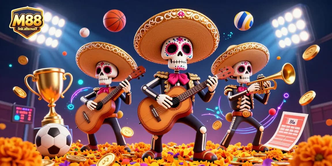 M88 link alternatif shines in this vibrant 3D illustration of a mariachi band amidst dynamic sports betting elements.