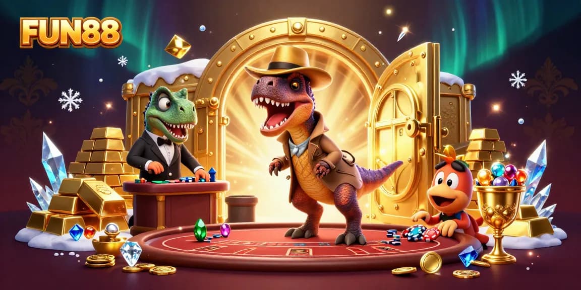 Experience the excitement of FUN88 with a cartoon velociraptor at a blackjack table and treasures galore!