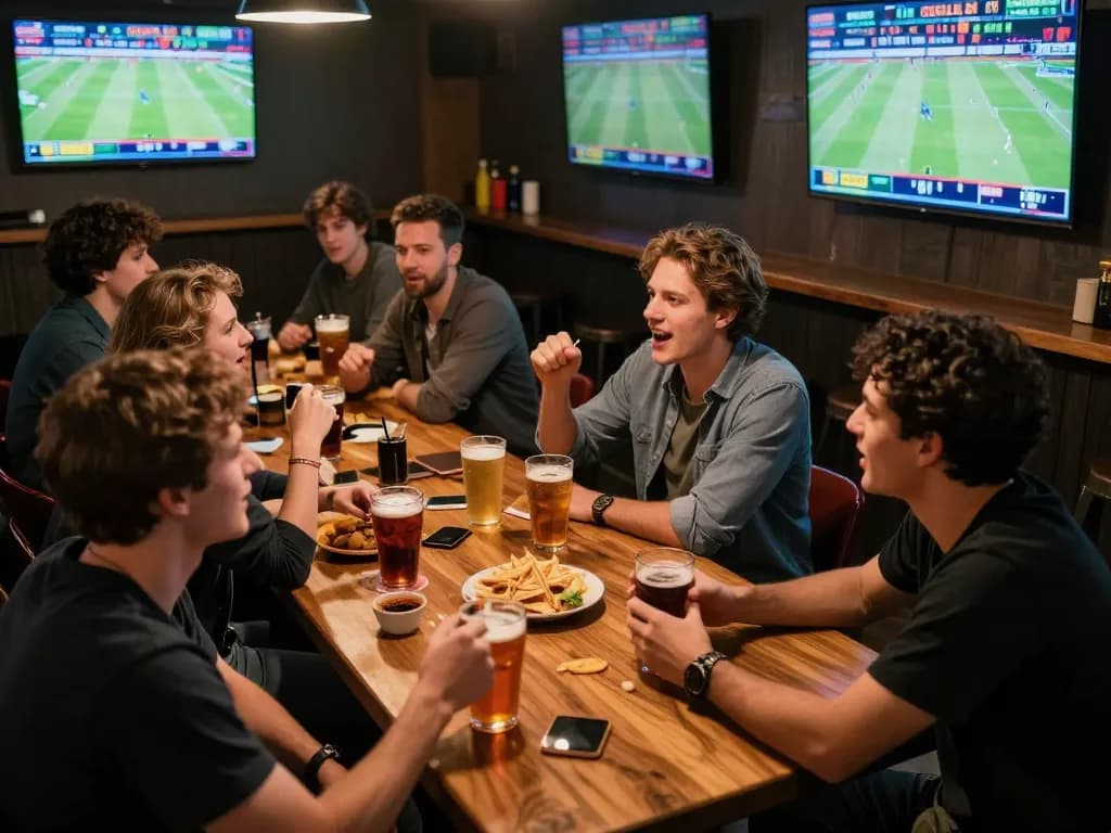 Friends enjoying keo nha cai betting strategies during an exciting sports event in a lively bar.