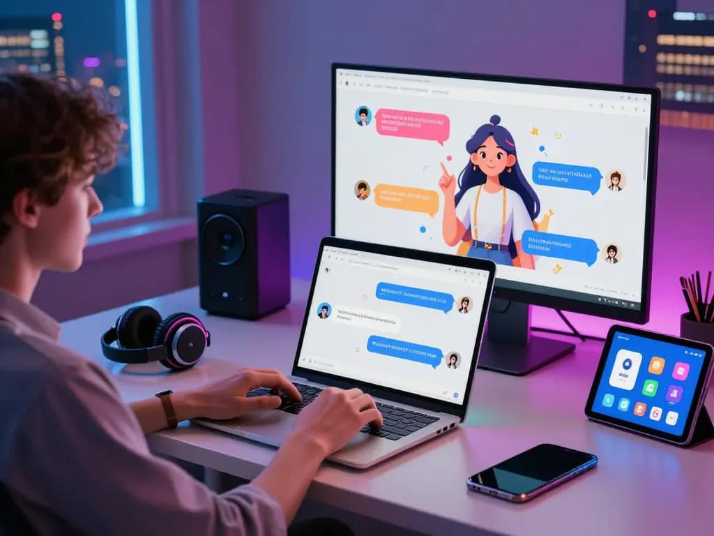 Engaging NSFW AI character chat scene with user on laptop in vibrant workspace