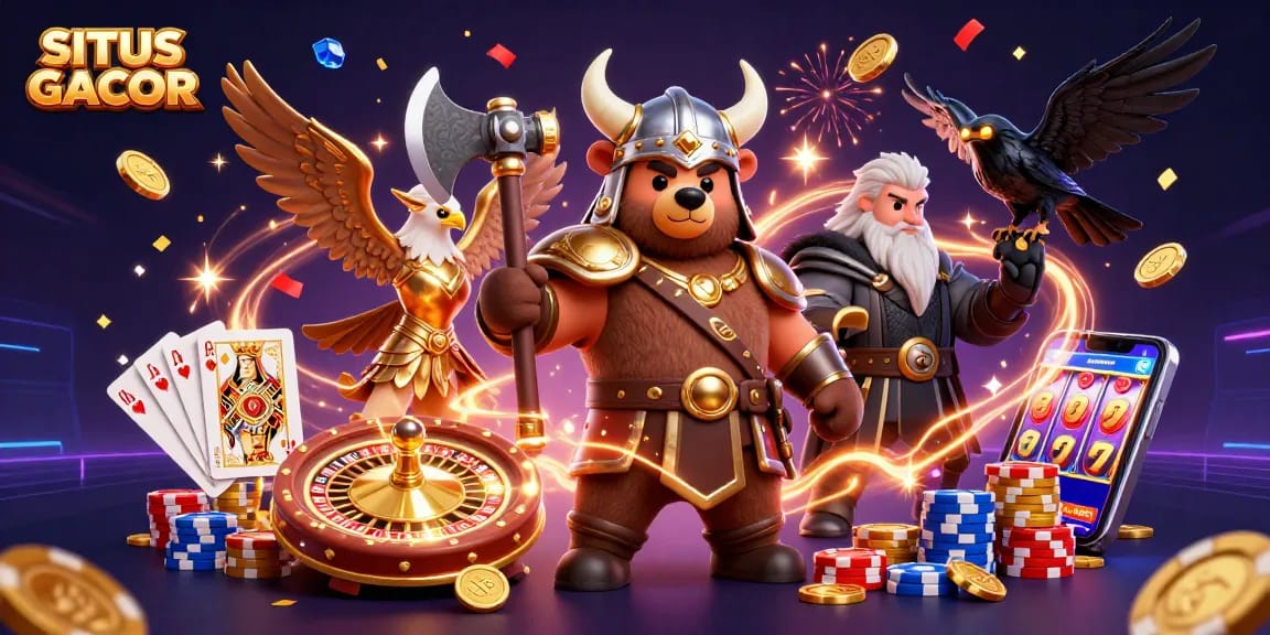 Spin the roulette wheel and win at SITUS GACOR, featuring Viking characters amidst falling gold coins.