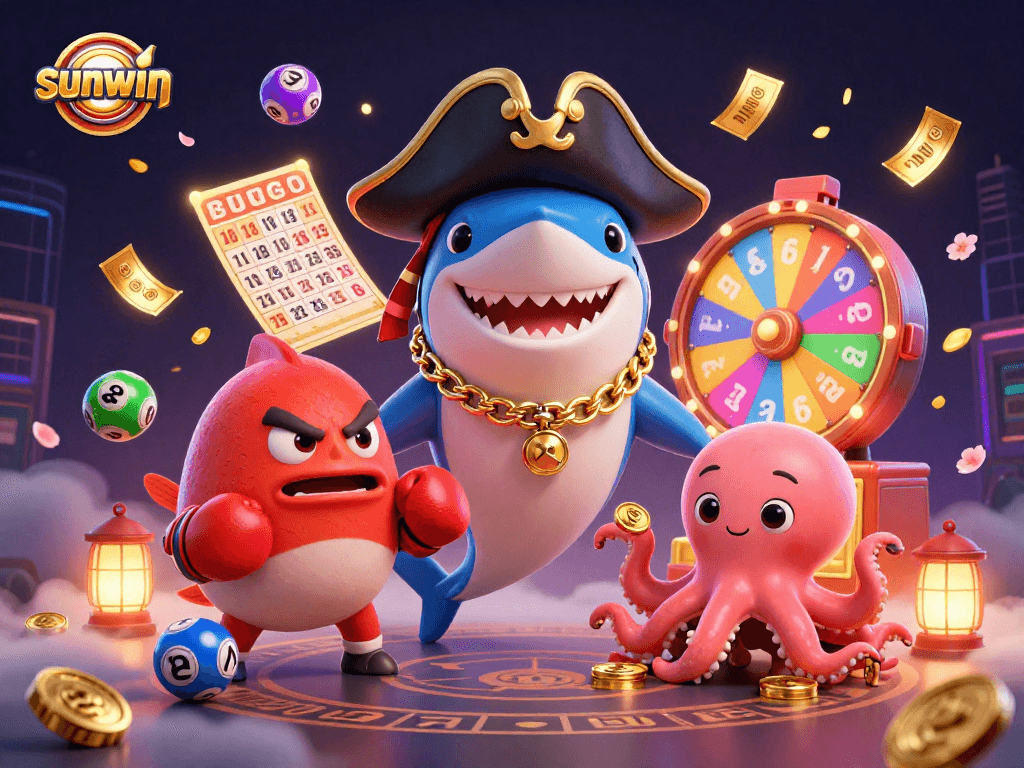 Play exciting games with sunwin at a vibrant lottery scene featuring fun characters, colorful elements, and gold coins.