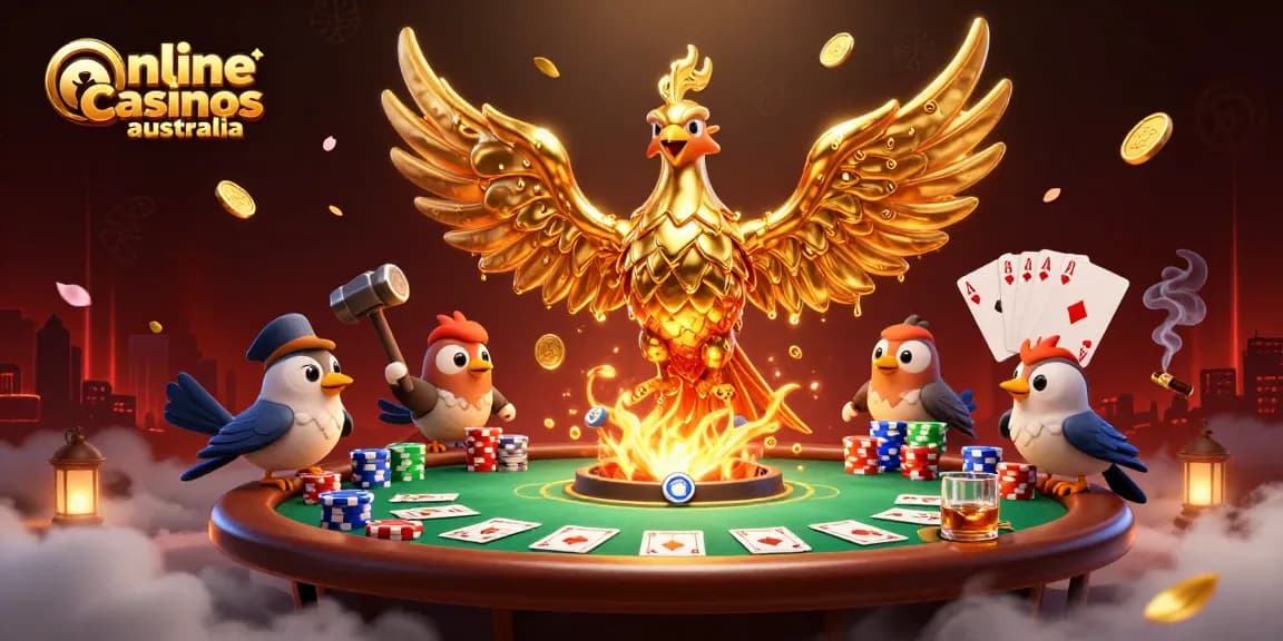 Experience online casinos Australia with a fiery molten phoenix and vibrant poker elements.