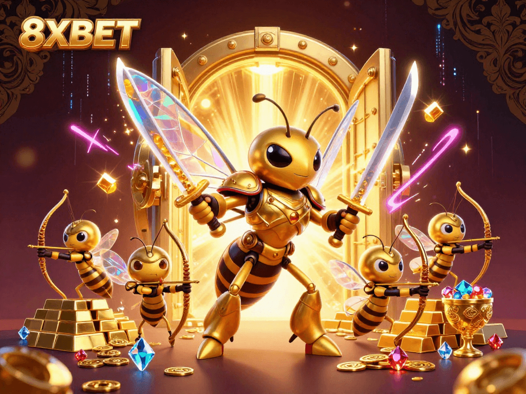 Experience dynamic wins with 8XBET featuring captivating casino elements and characters in a vibrant 3D scene.