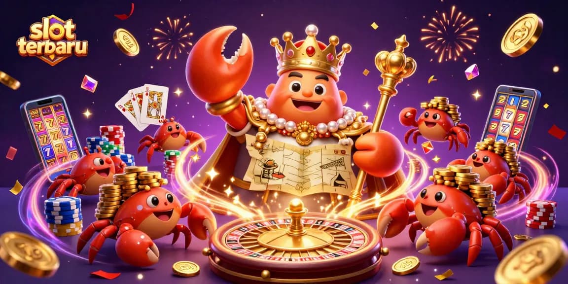 Experience the excitement of slot terbaru with a lively golden crab emperor and sparkling casino elements!