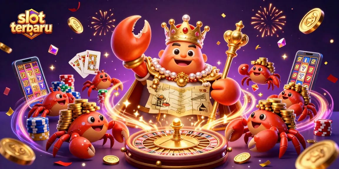 Experience the excitement of slot terbaru with a lively golden crab emperor and sparkling casino elements!