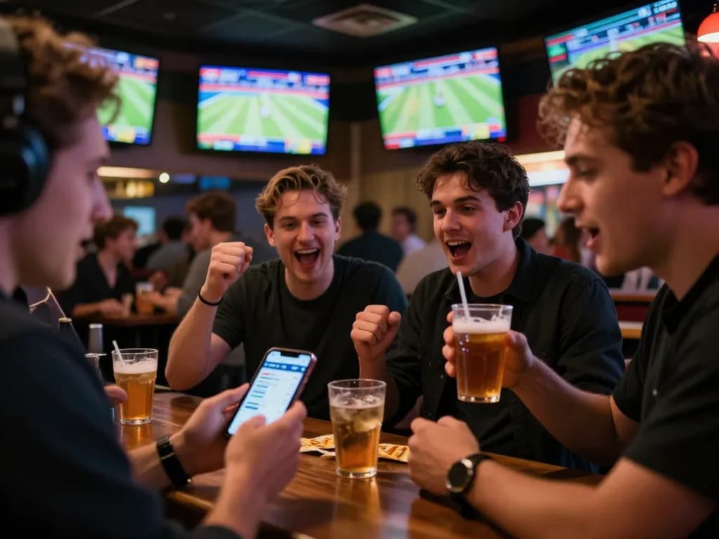 Tỷ lệ kèo nhà cái hôm nay as fans place bets using smartphones in an exciting sports bar atmosphere.
