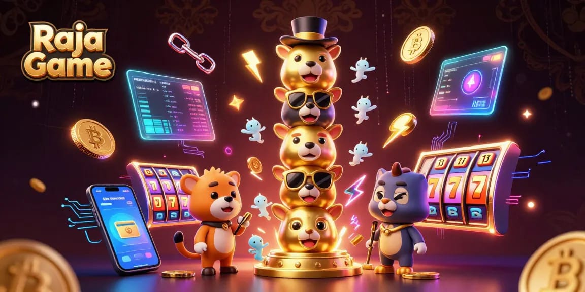 Experience the thrill of Raja Game with a vibrant 3D illustration depicting colorful casino games and elements.