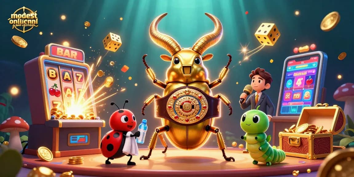 Engage in thrilling action at modest online journal with a colorful 3D casino illustration featuring a golden stag beetle.