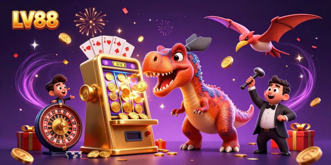 LV88 players enjoying jackpot excitement as a dinosaur celebrates wins with golden coins.