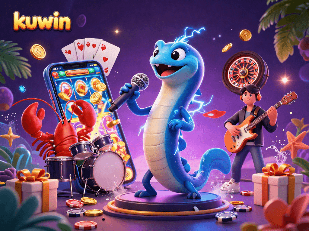 Kuwin engages players with a vibrant underwater casino illustration showcasing thrilling slot action.