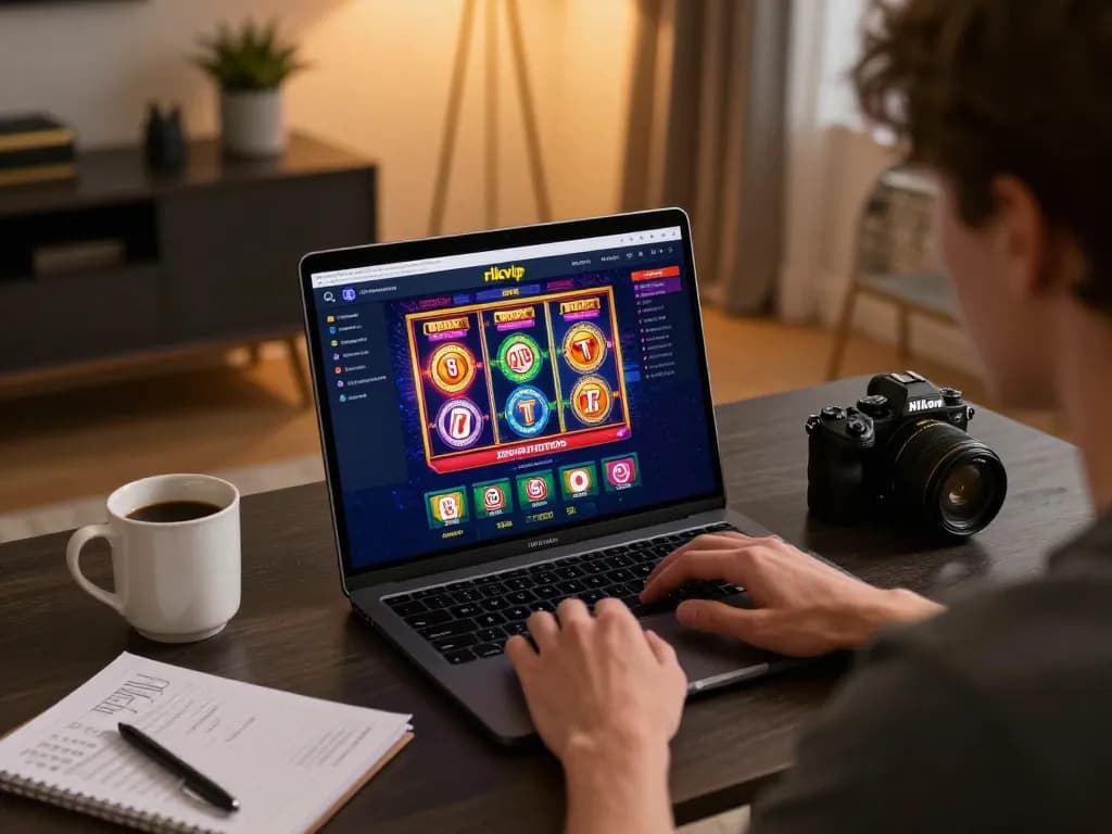 Engaging player using rikvip for online gambling while enjoying a cozy home atmosphere.