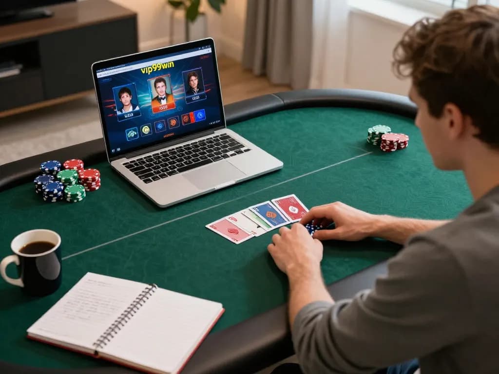 Player engaged in poker on vip99win platform, showcasing vibrant chips and cards in a cozy home setting.