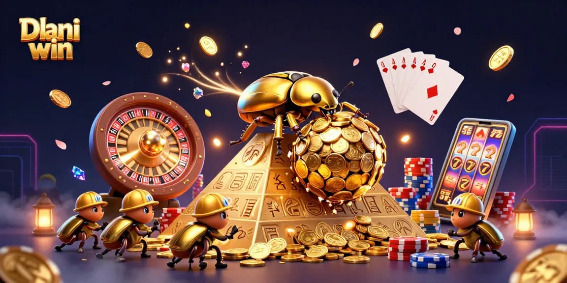 Dhani win games feature animated beetles rolling golden coins amidst a vibrant casino scene.