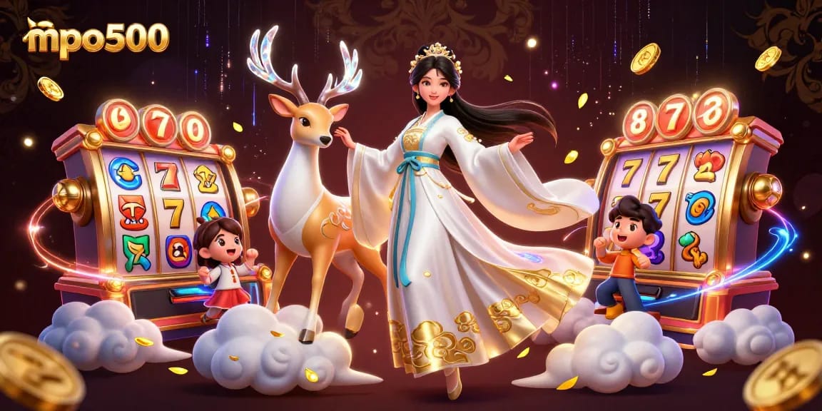Spin to win with mpo500, featuring a dazzling scene of a skilled Asian woman in hanfu and captivating slot elements!