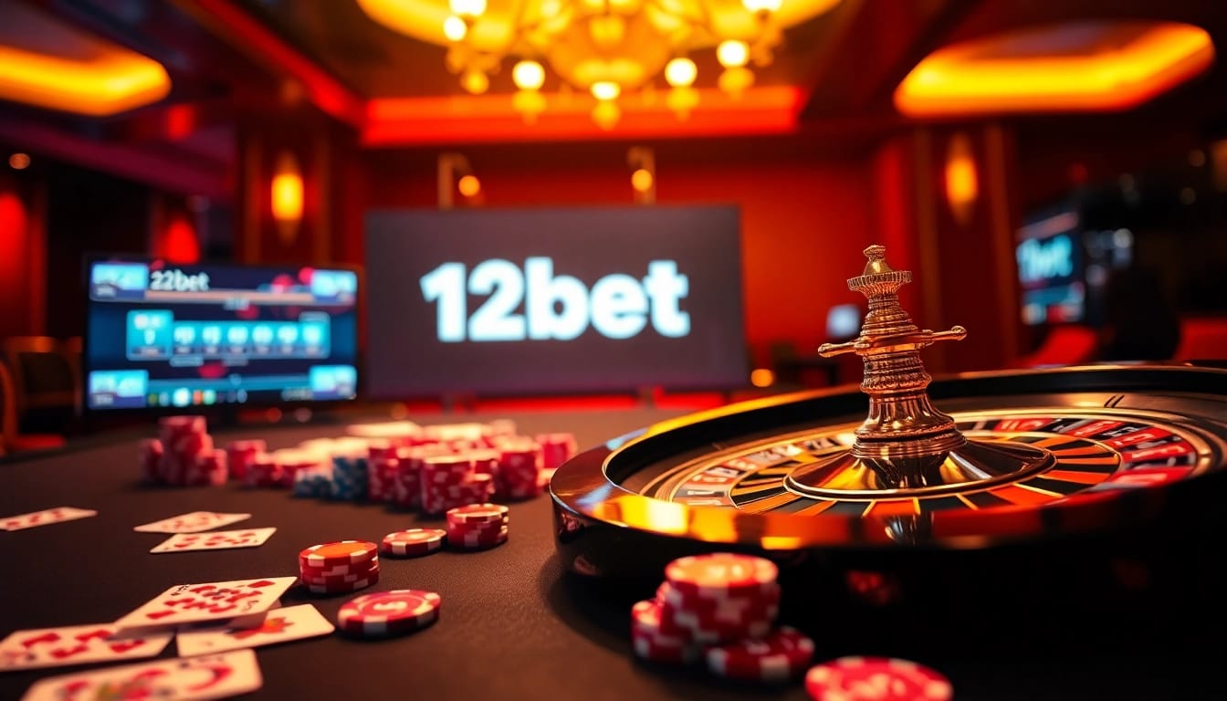 Experience thrilling gameplay at 12bet with a luxurious casino setting featuring vibrant poker chips and an elegant roulette wheel.