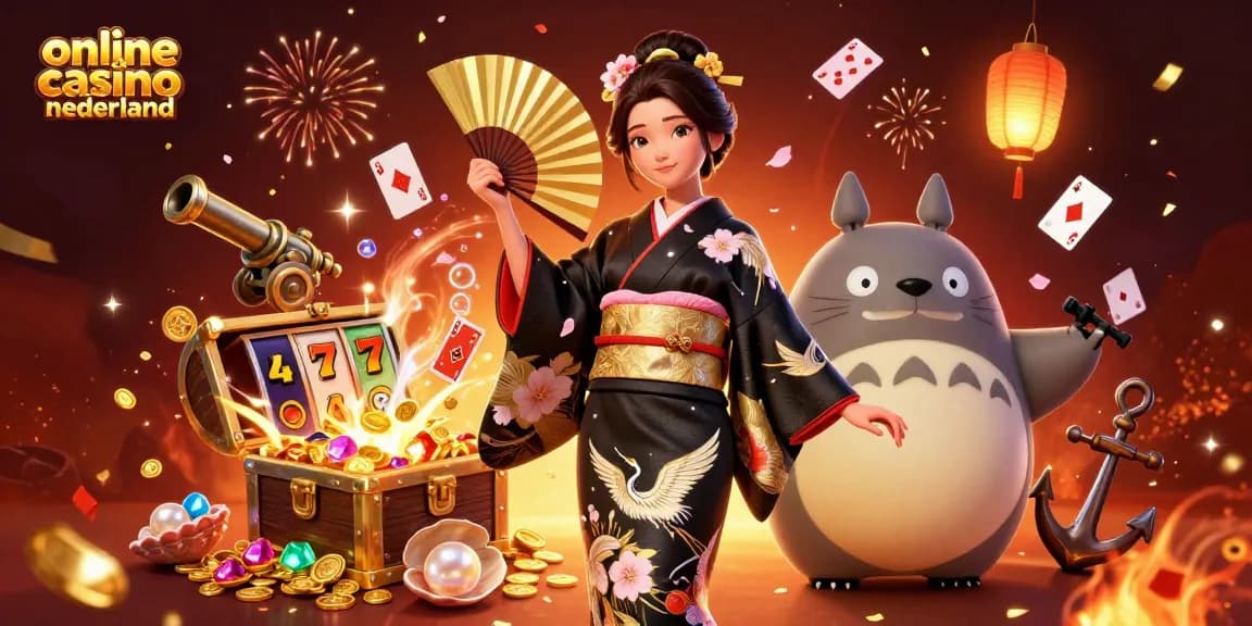 Experience the thrill of online casino nederland with a vibrant 3D casino scene featuring slot games and festive elements.