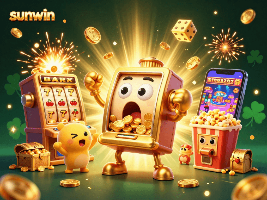 Win big with sunwin in this lively casino scene featuring animated slot machines and golden treasures.