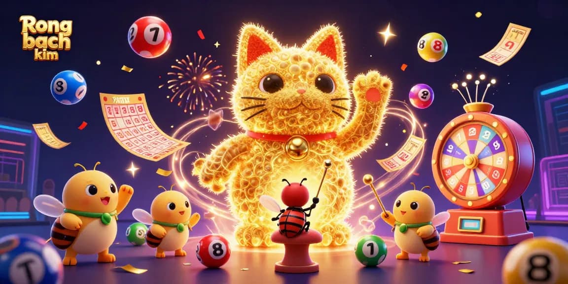 Experience Rong bach kim excitement as golden fireflies and lottery symbols create a festive scene.