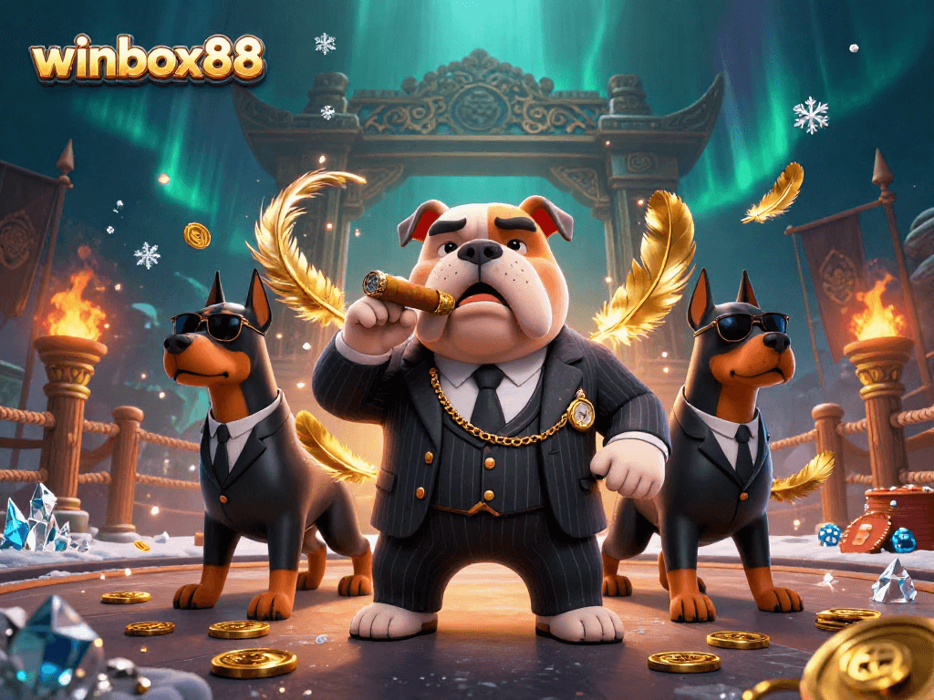 Experience thrilling gaming at winbox88 with a 3D cartoon mobster scene, gold coins, and dynamic action elements.